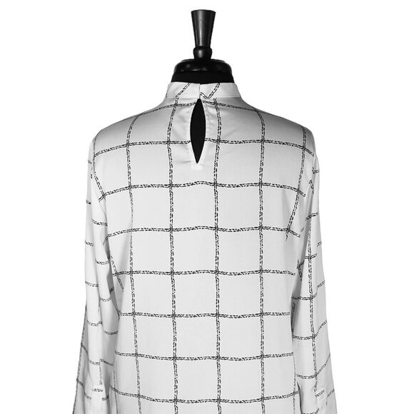 Express Women's Blouse White Black Plaid V-Neck Half Button Down Keyhole Top M - Picture 8 of 11